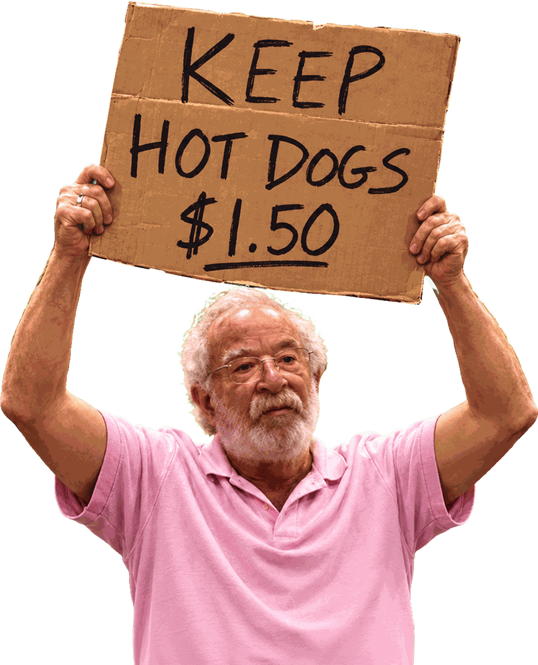 An older man in a pink polo holding a cardboard sign reading KEEP HOT DOGS $1.50